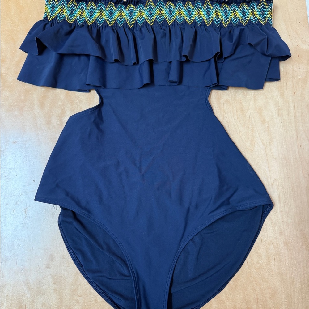 aerie Navy Off-Shoulder One-Piece with Multicolor Smocked Ruffle
